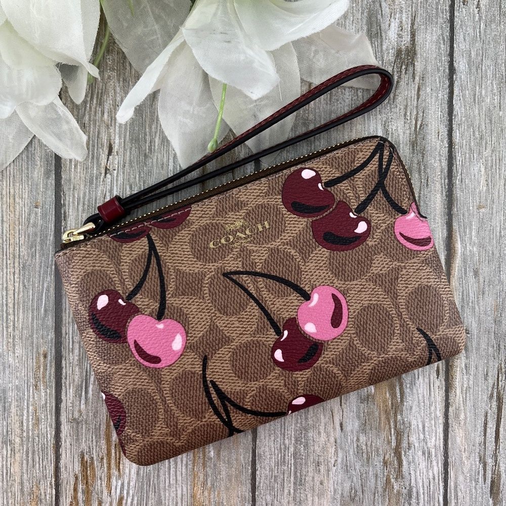 Coach Corner Zip Wristlet In Signature Canvas Cherry Print Wallet Bag Purse